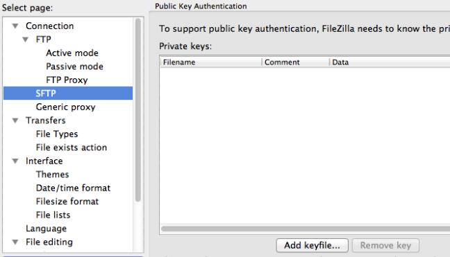 FileZilla SFTP menu