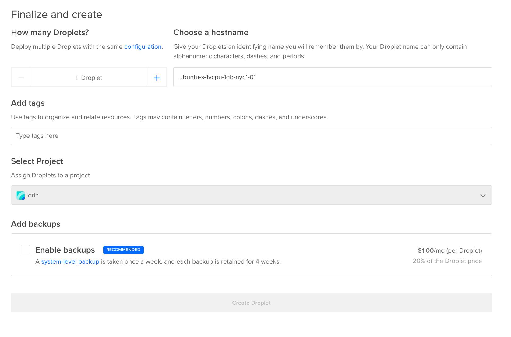 Finalizing and Creating Droplet
section