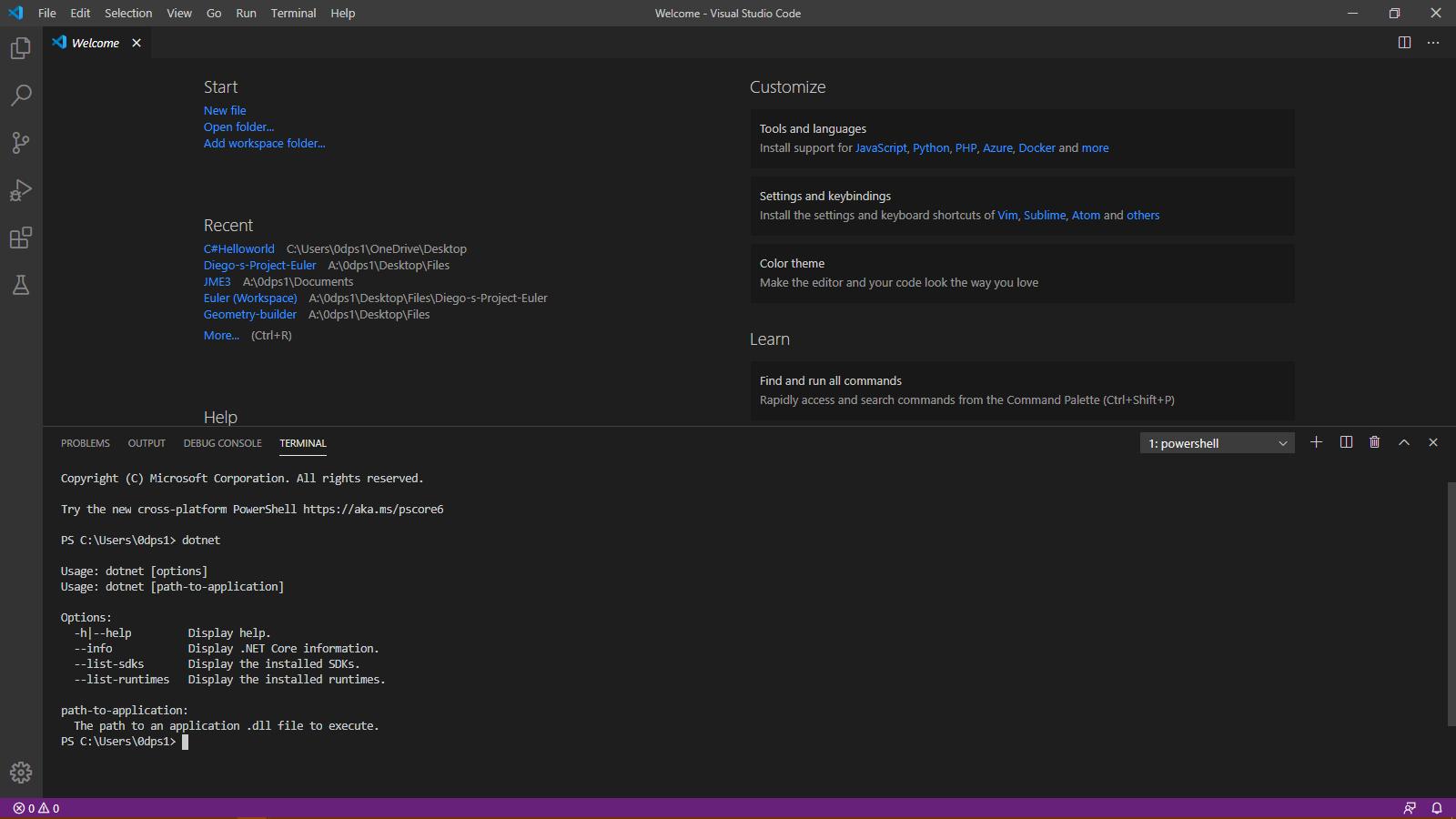 dotnet command run in vscode launched via shortcut