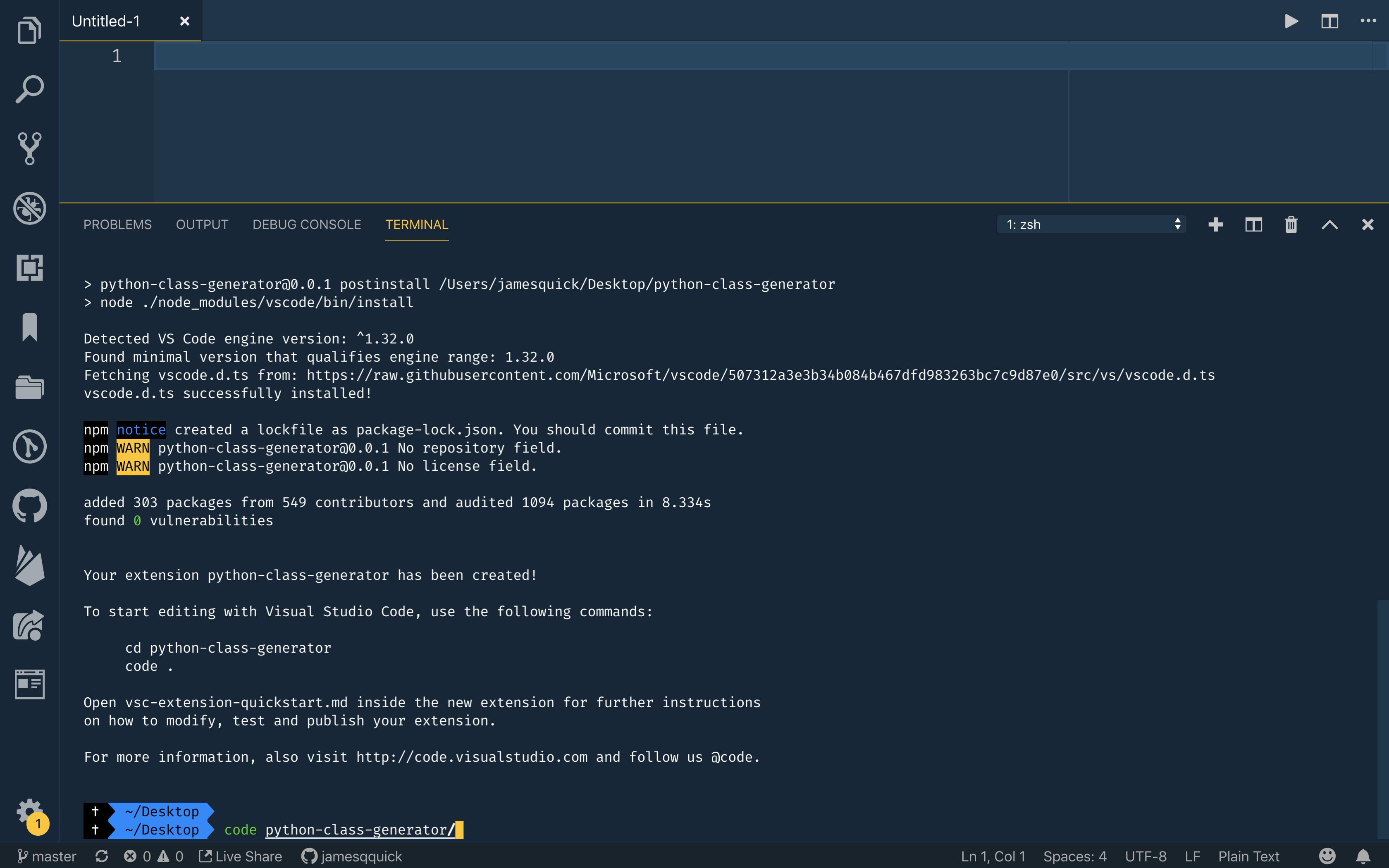 Opening the new project in VS Code
