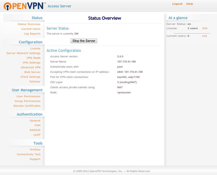 OpenVPN admin landing