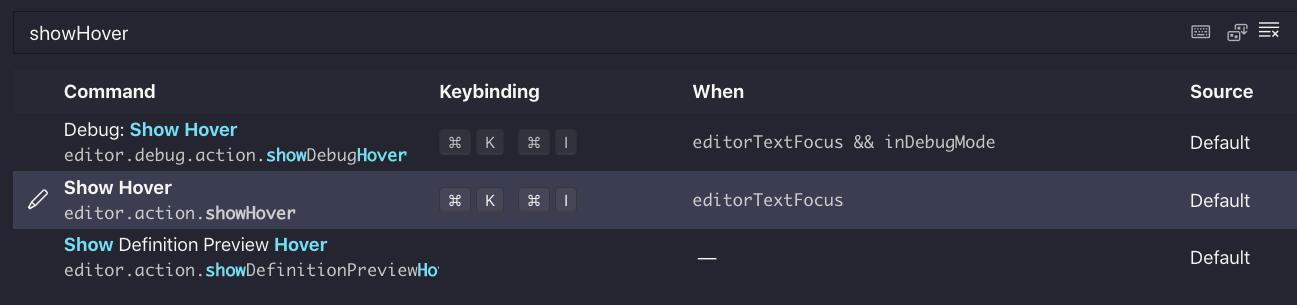 keyboard shortcut showHover