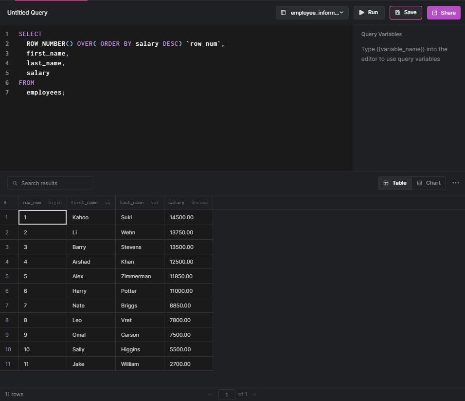 row_number query result view in Arctype
