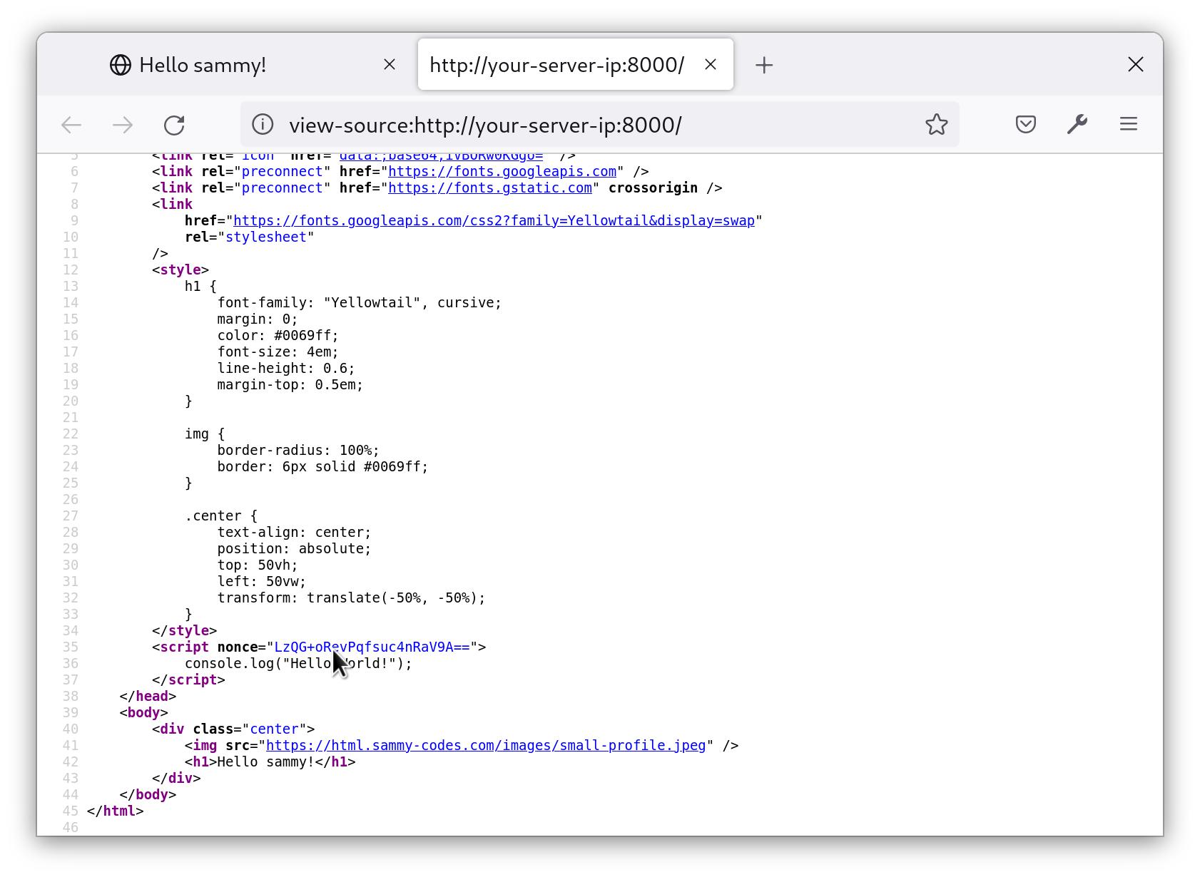 Screenshot of "View Page Source" with nonce value.
