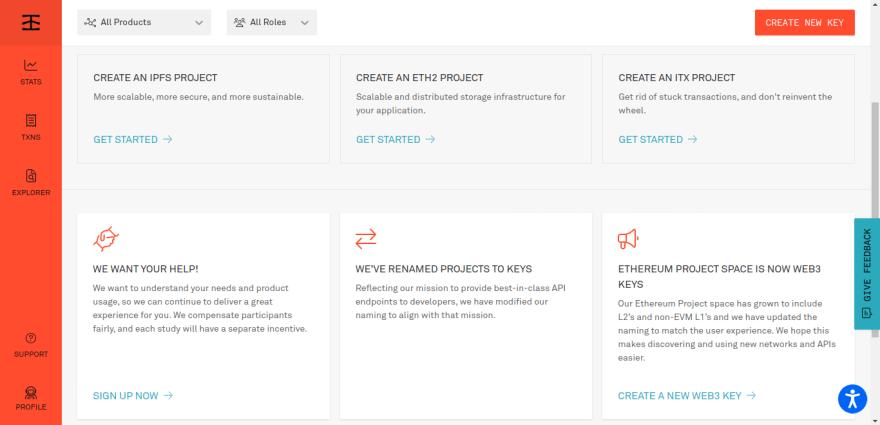 Dashboard of the infura