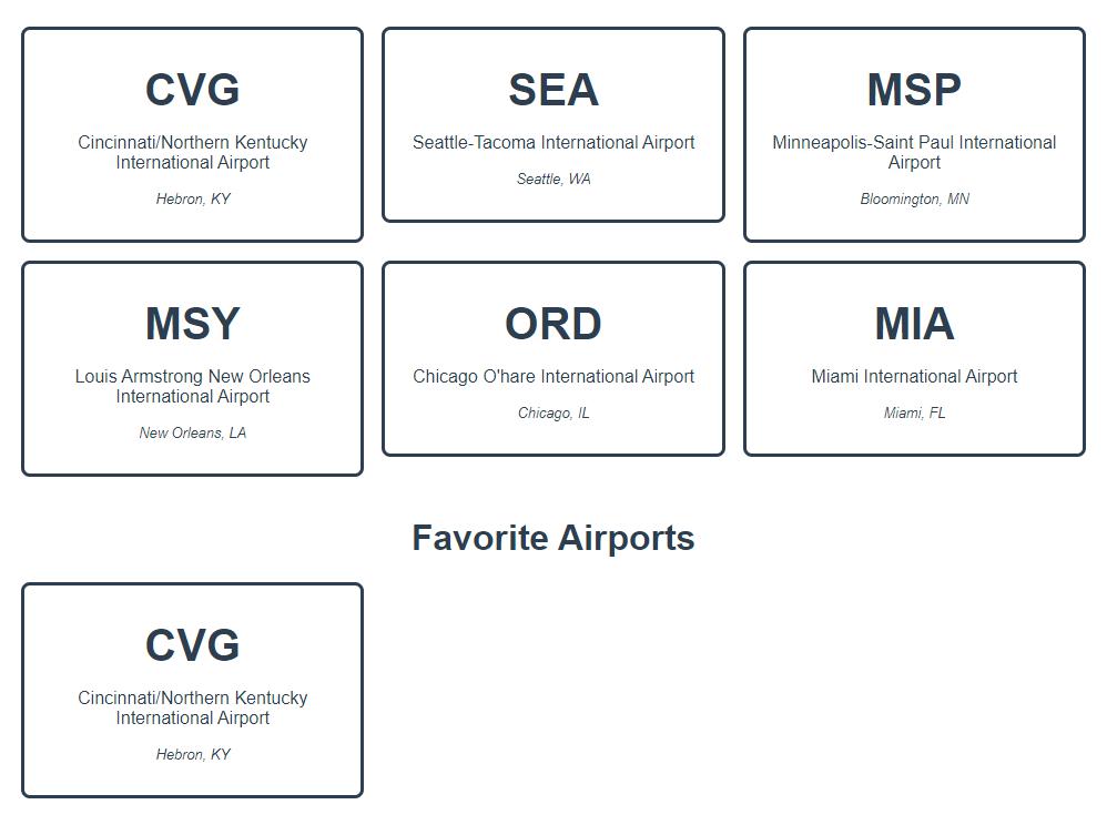 Vue airport app with a list of favorite airports that includes the CVG airport card.
