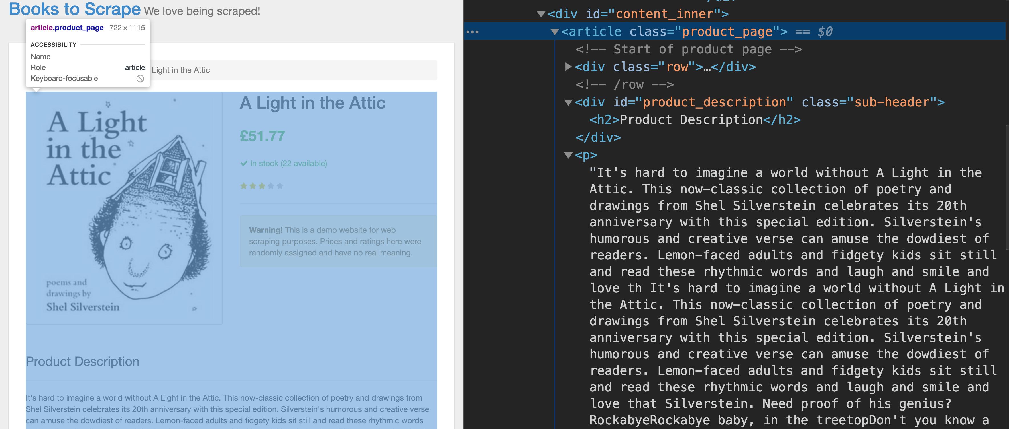 books.toscrape book page with dev tools