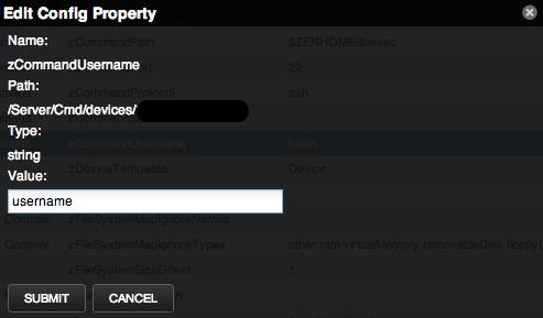 Zenoss zCommandUsername value dialog box