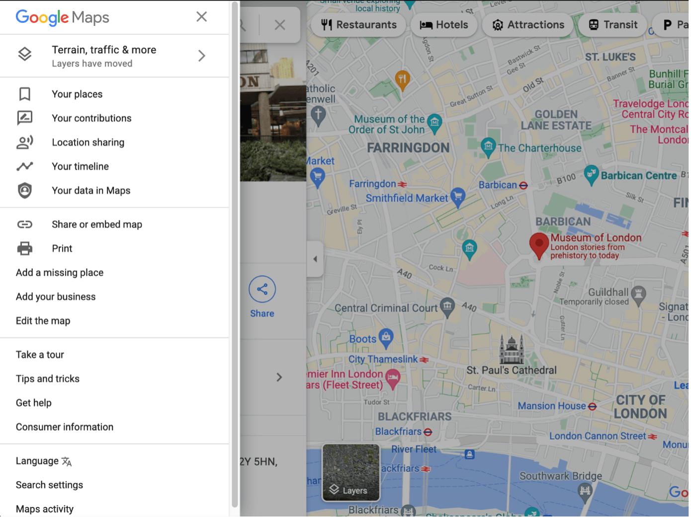Screenshot of a map in Google Maps with open menu