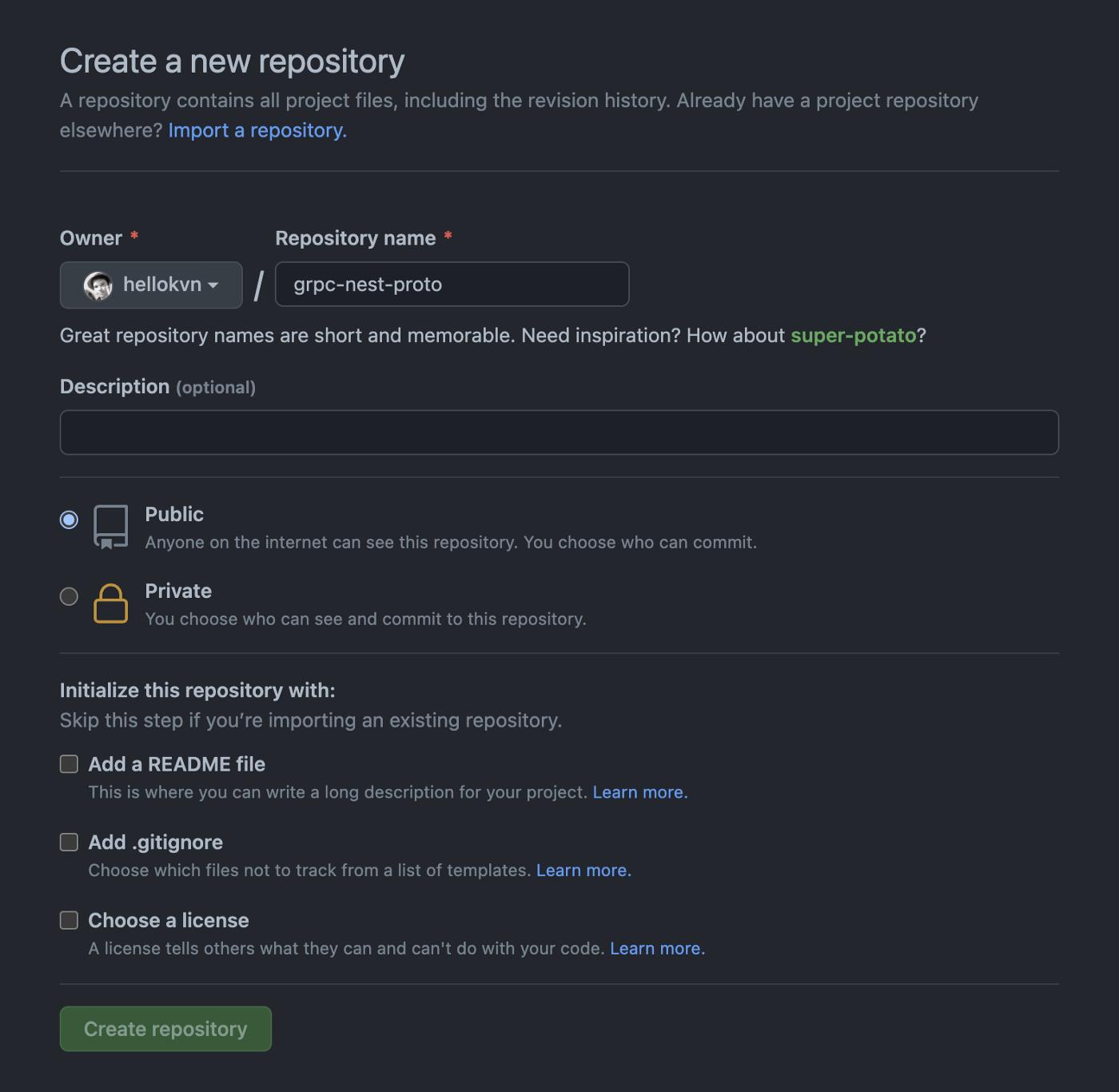 Create repository on Github