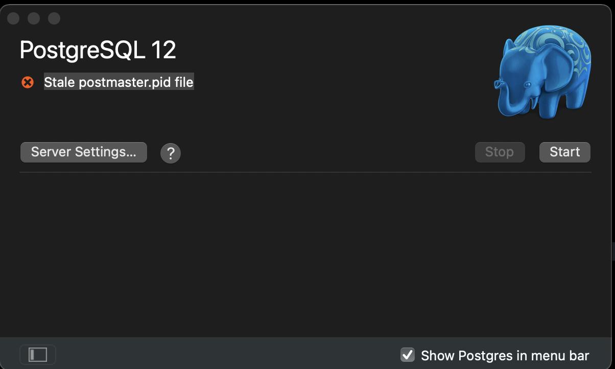 stale Postmaster.pid postgres 12 dashboard screenshot