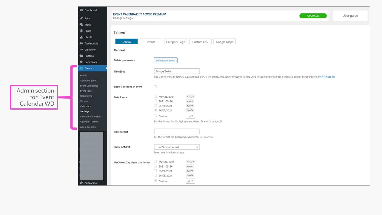 The admin section of a WordPress calendar integrated with Event Calendar The admin section of a WordPress calendar integrated with Event Calendar