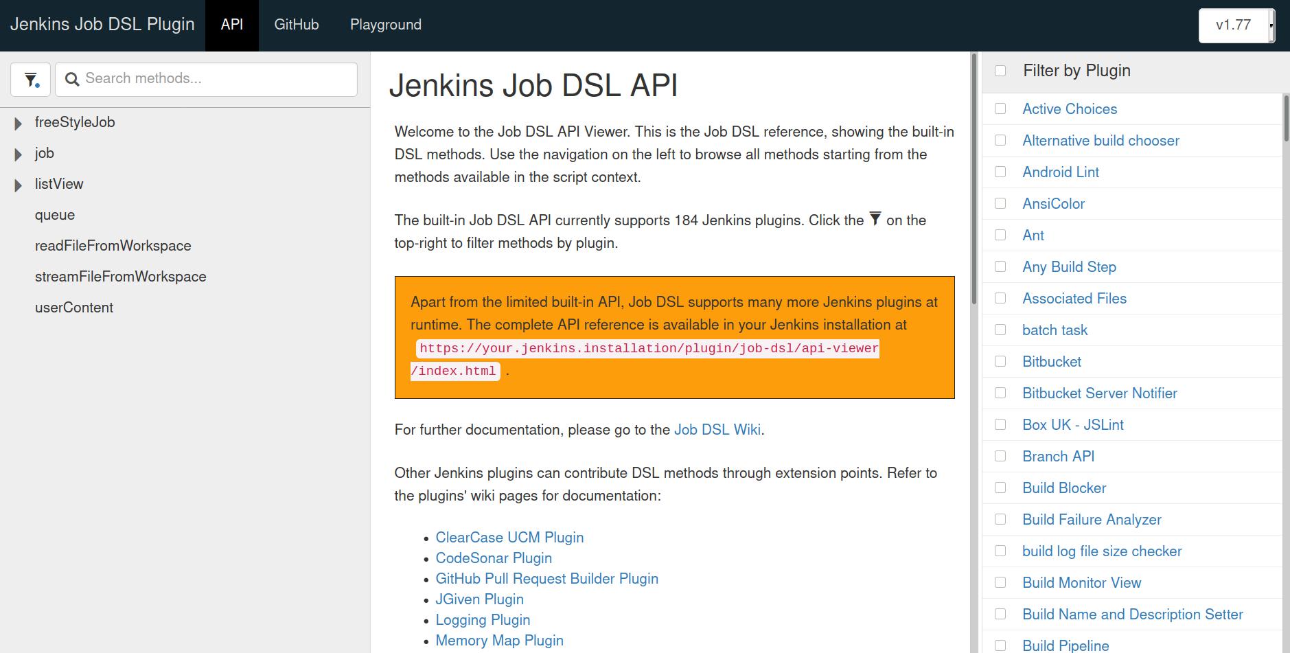 Jenkins Job DSL API reference web page showing only the core APIs