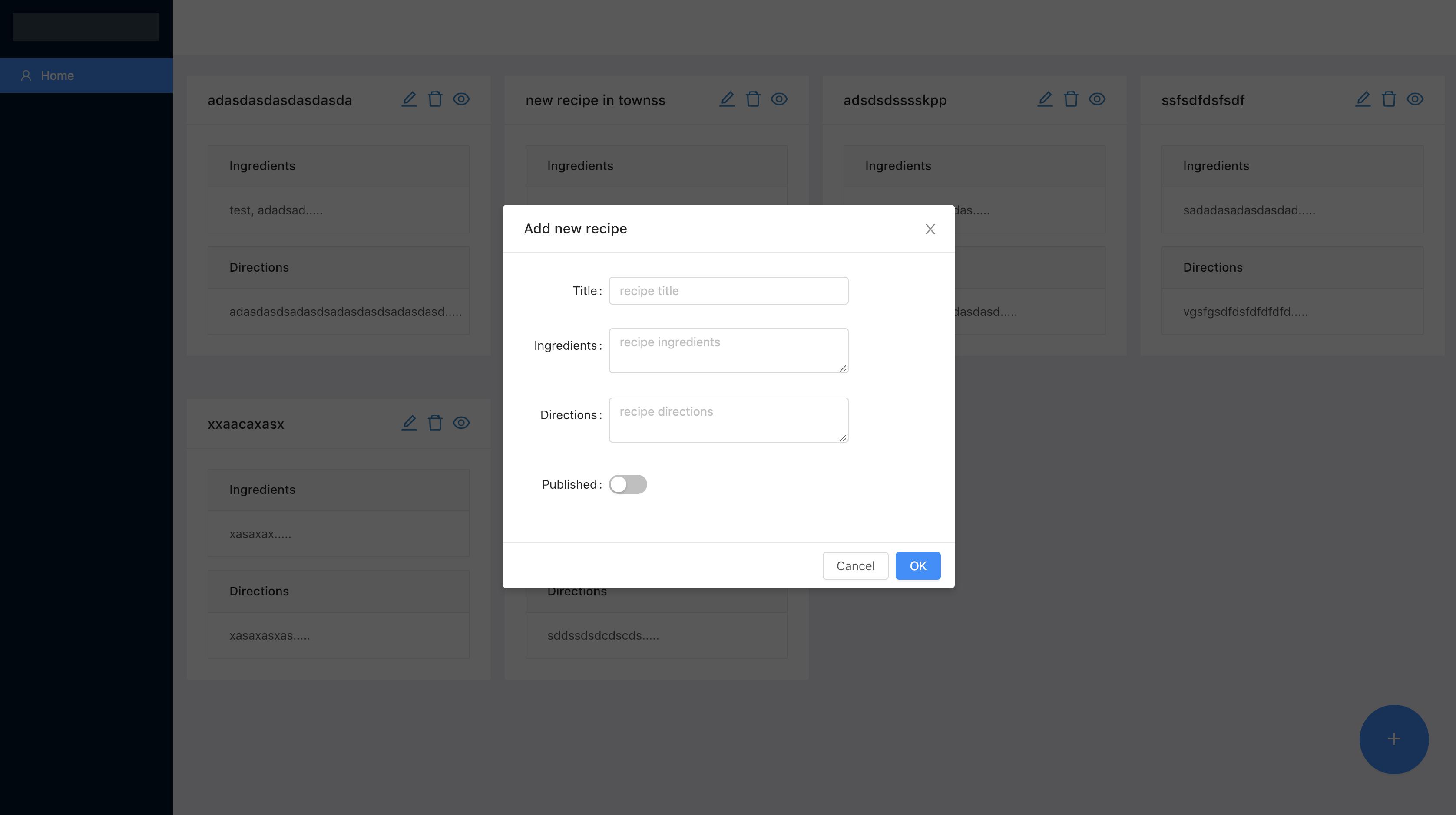 Data form for new recipes in test app