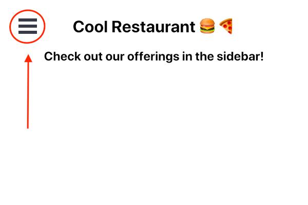 Cool Restaurant 网页的屏幕截图,带有指示汉堡菜单图标的注释