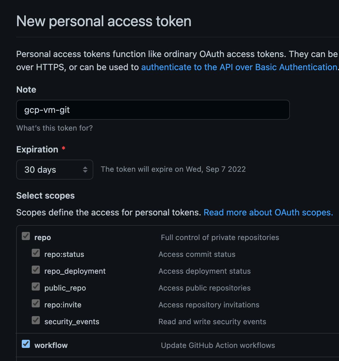图片是 GitHub 页面的屏幕截图,您可以在其中创建个人访问令牌。在选择范围部分,我们勾选了“repo”和“workflow”。