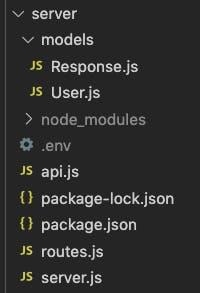 项目文件结构:server/文件夹包含server.js、routes.js、api.js和models/文件夹。模型包含 Response.js 和 User.js