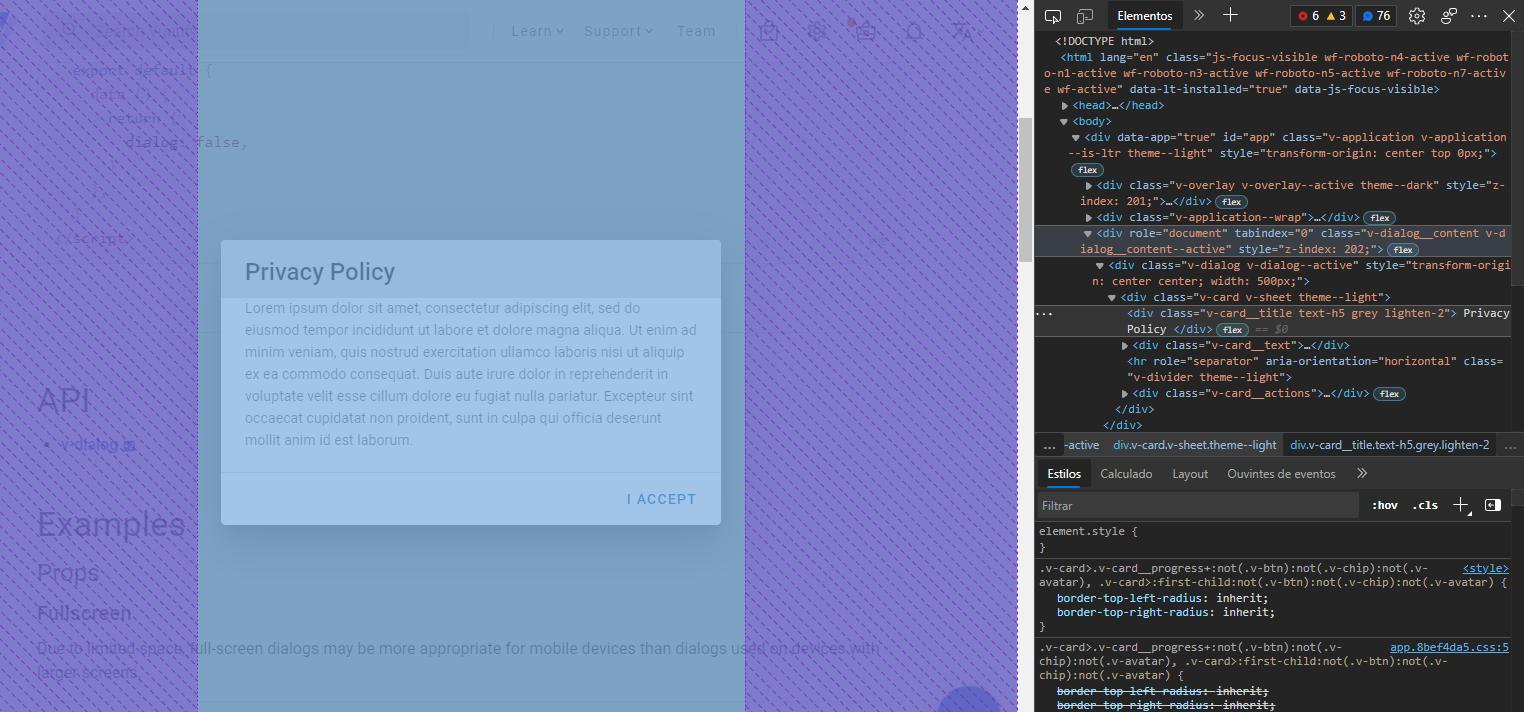 Vuetify's v-dialog component add property role="document"
