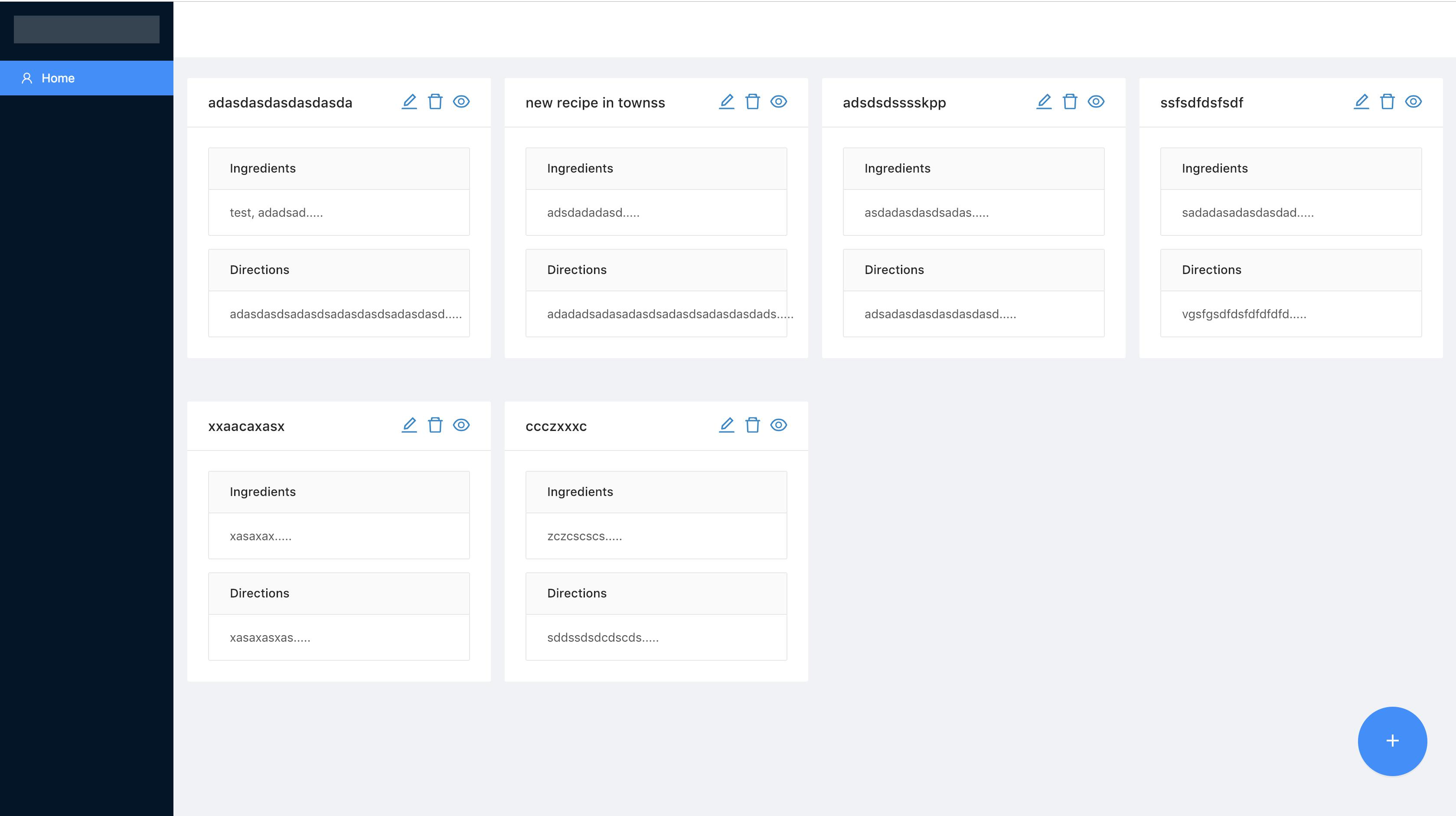 Displayed recipes view in test app