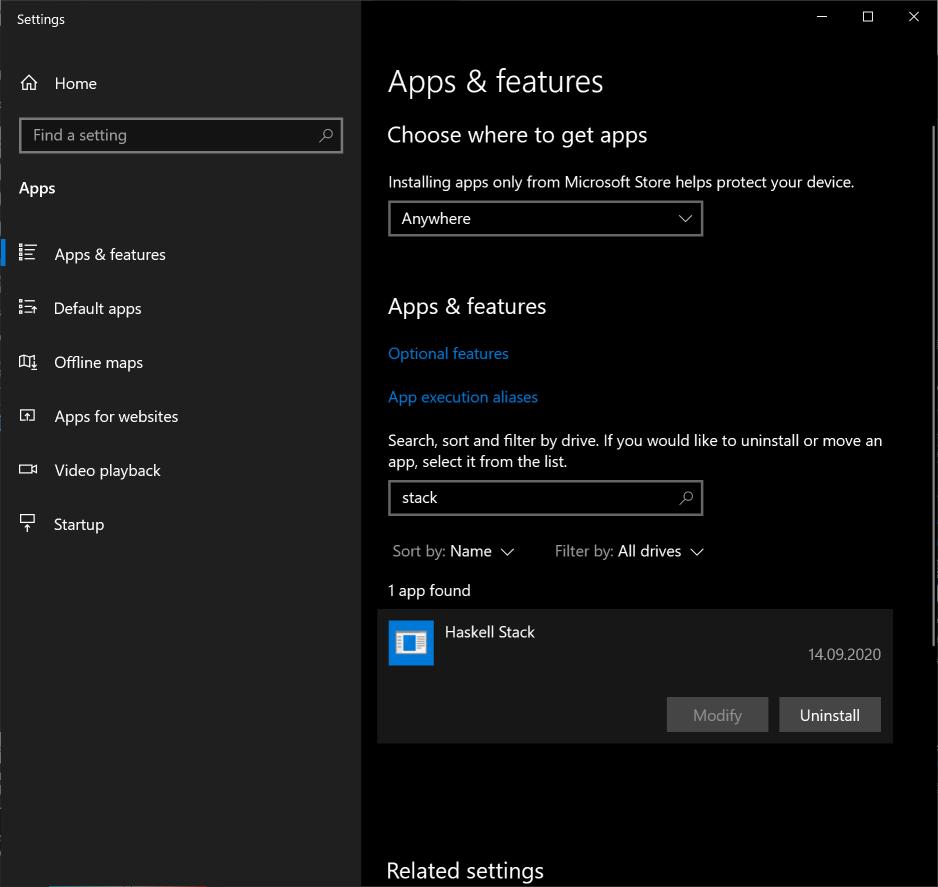 Apps & features screen shot