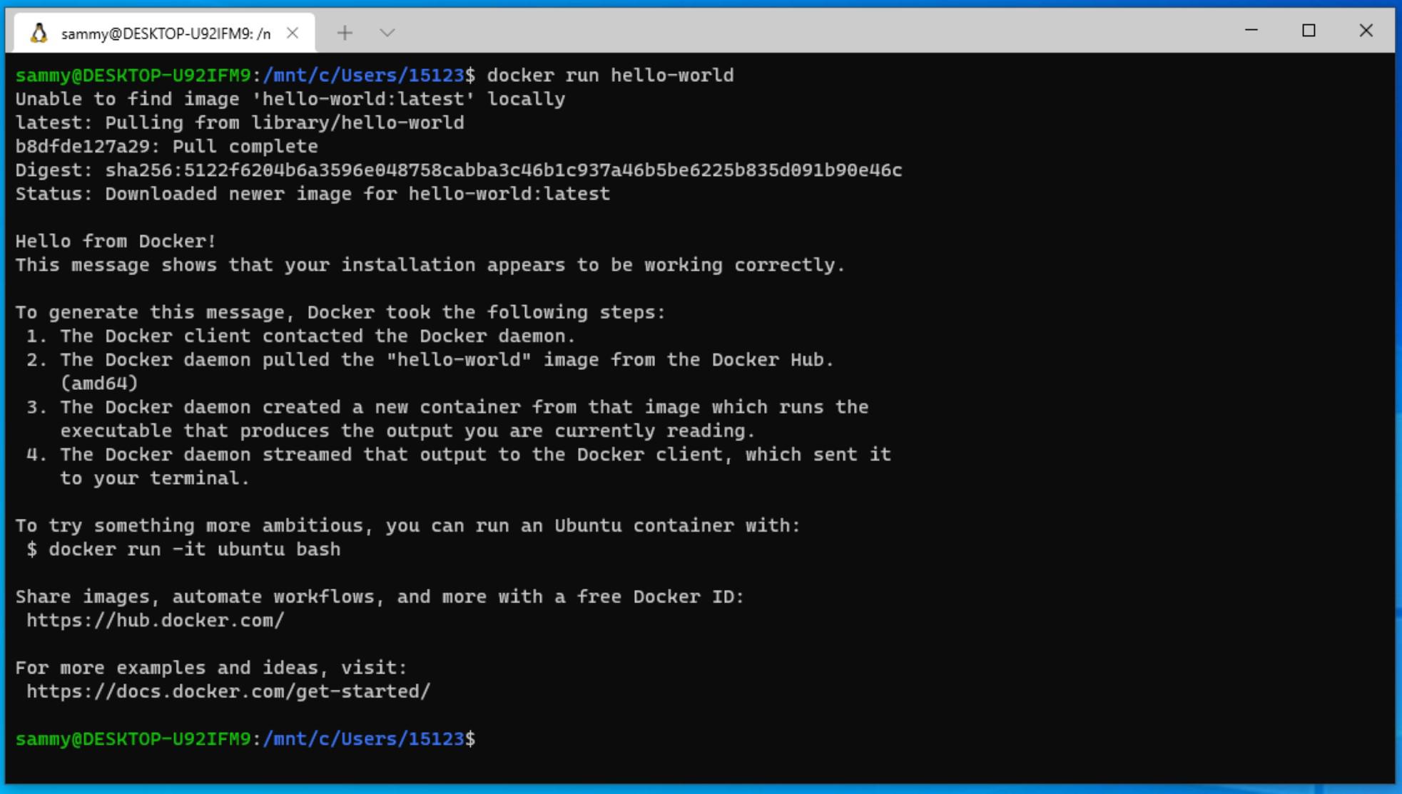 Test Docker by running Docker run hello-world in your WSL Ubuntu