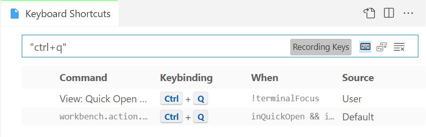 Visual Studio Code - Keyboard Shortcuts settings page with filter set to "ctrl+q" and "Recording Keys" toggle active; results show relevant bindings
