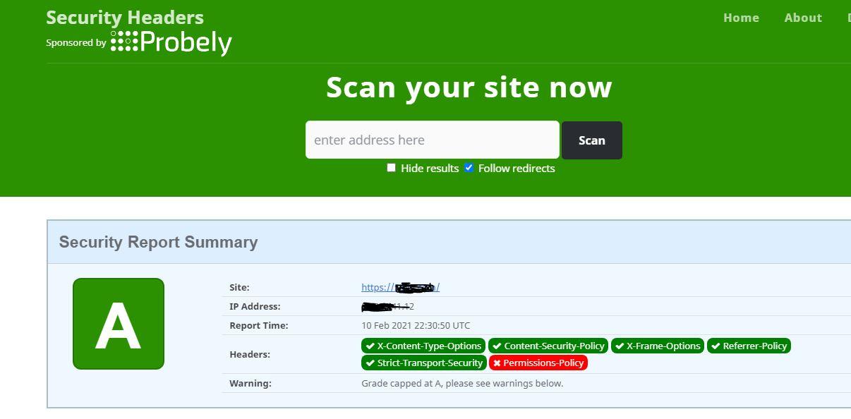 Result of Security Headers Scan