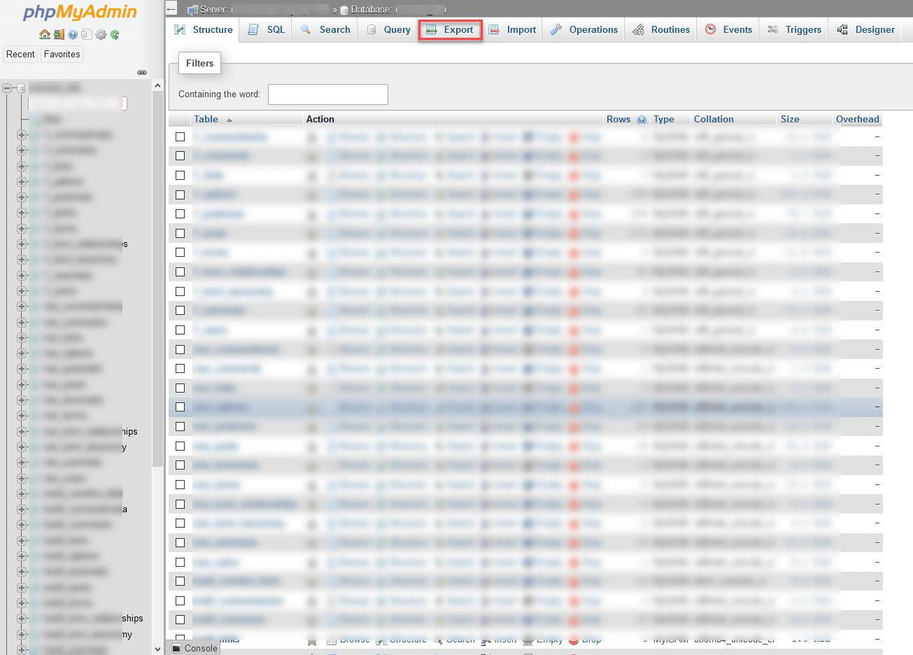 phpMyAdmin – 详细表格中显示的选定数据库