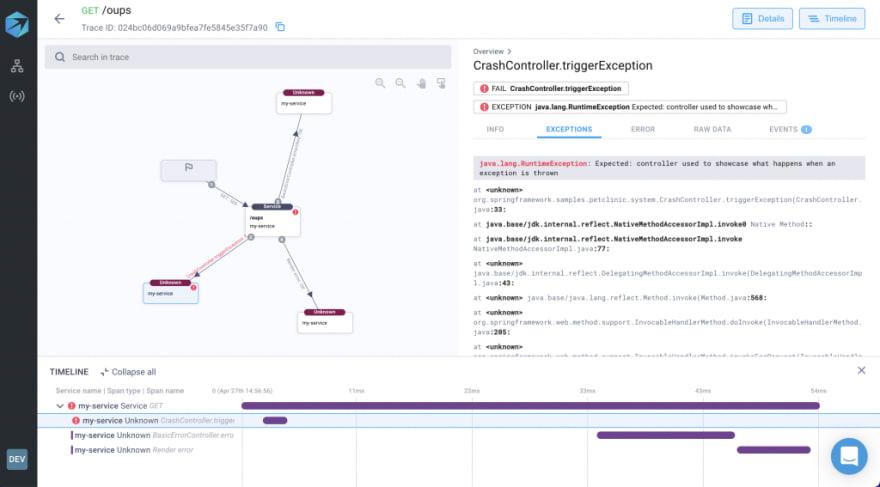 Java Pet Clinic Single Trace with Error Aspecto UI
