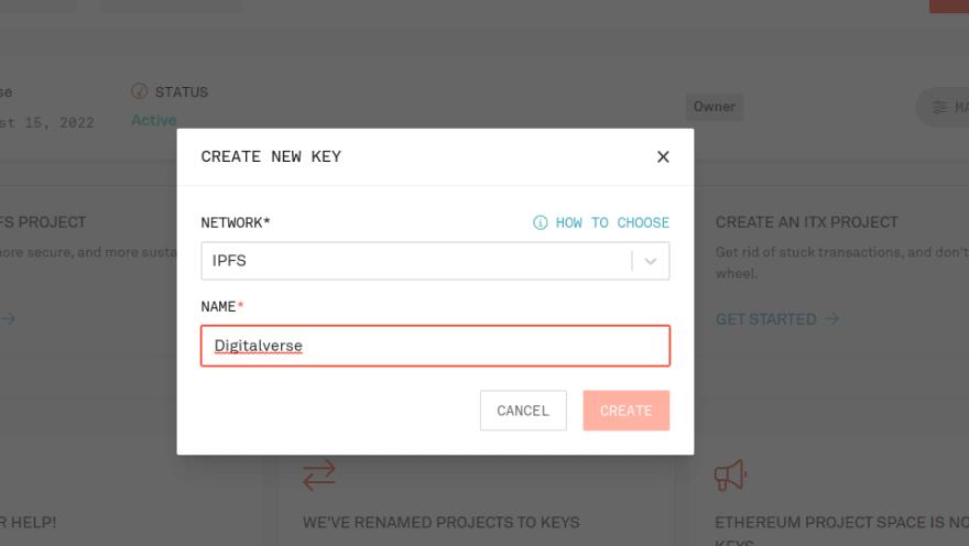a card showing a options to select network and name of the project
