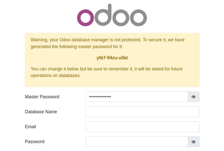 Screenshot of Odoo's "Database Setup" page, with a form for inputting database connection details and a random password for the PostgreSQL database
