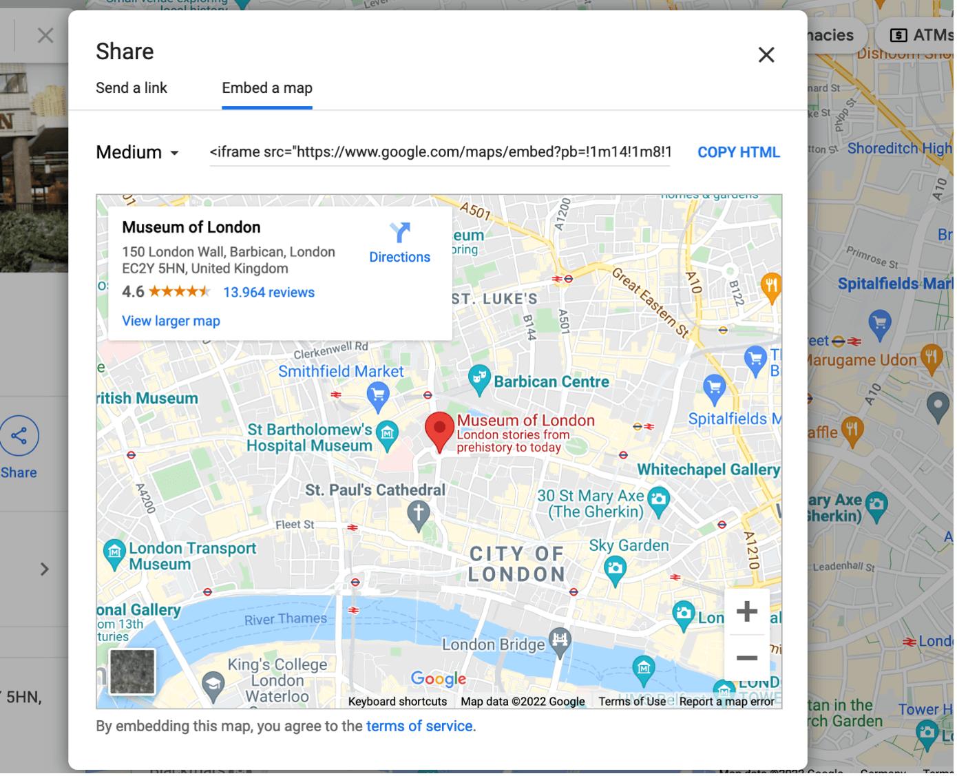 Screenshot of the window for getting an embed code in Google Maps