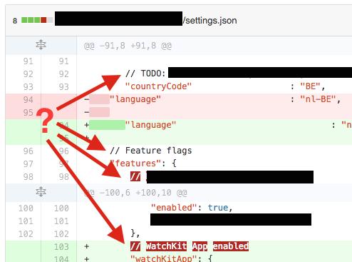 显示红色背景文本的 GitHub 比较视图