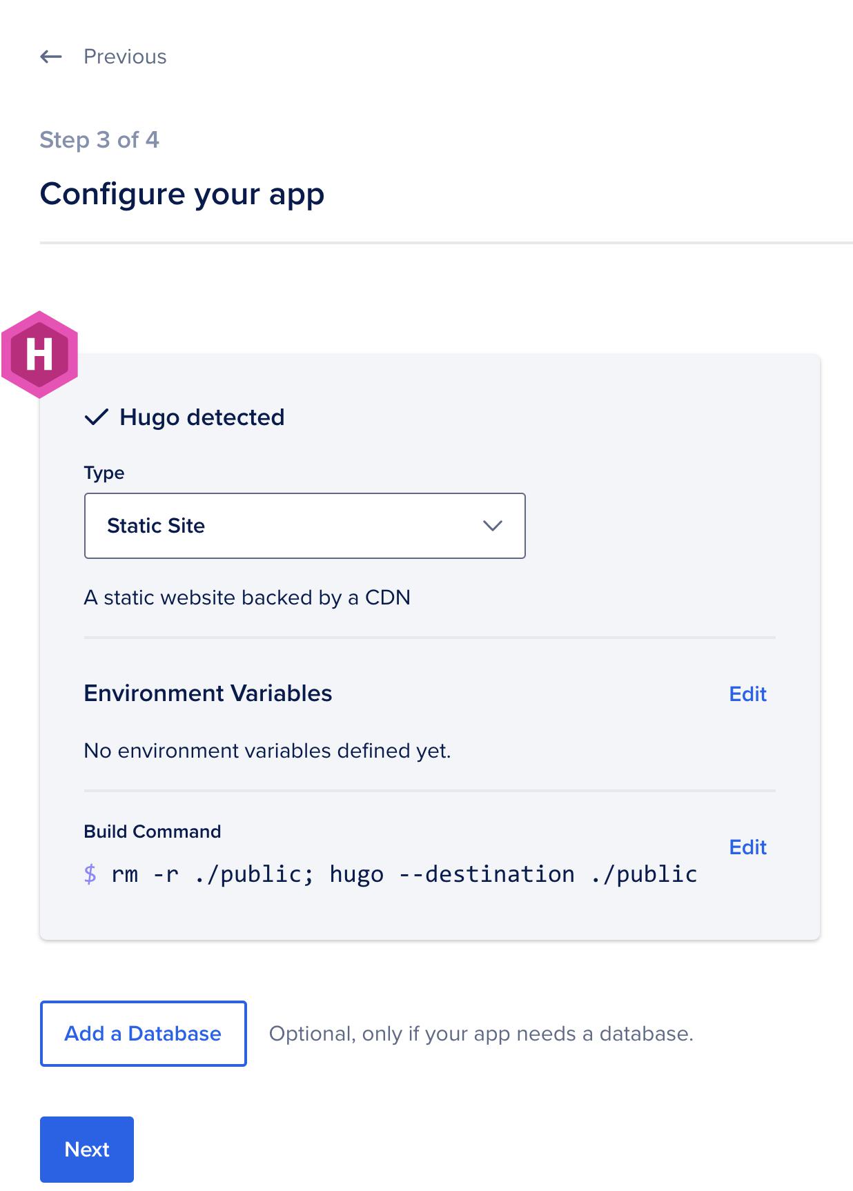 Hugo site detected and build command populated