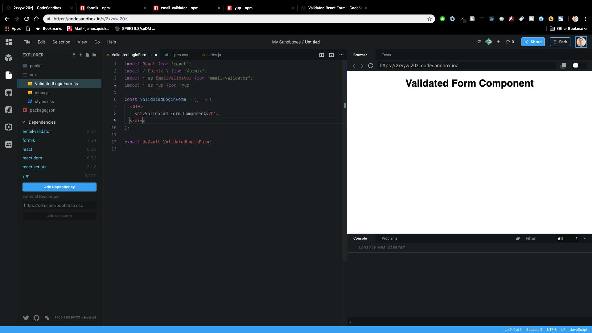 Validated Form Component in CodeSandbox
