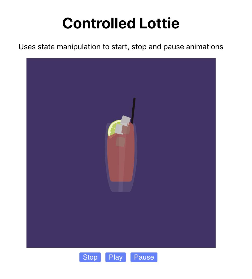 显示饮料图像的 ControlledLottie 的屏幕截图。