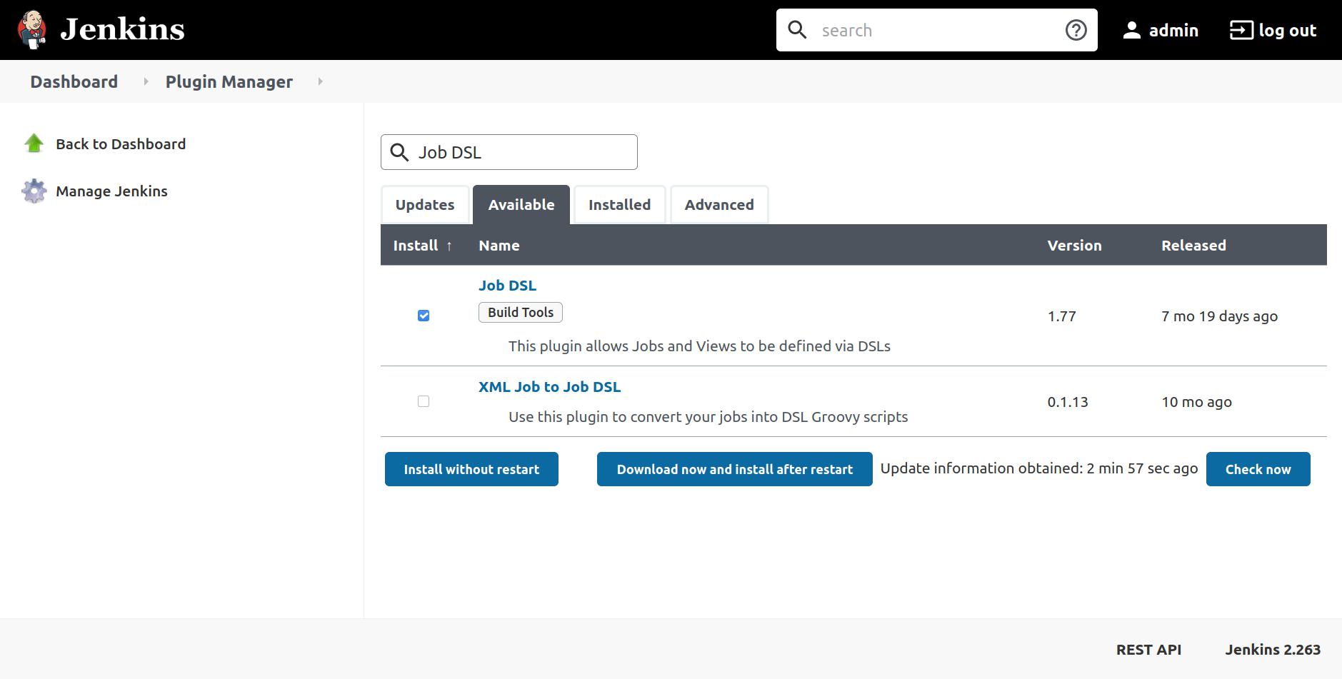 Plugin Manager page showing Job DSL checked