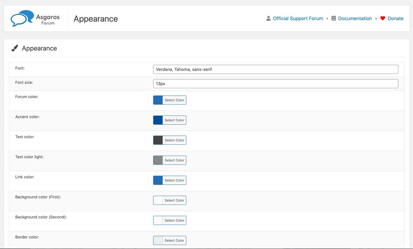 Admin area settings for the design of Asgaros Forum