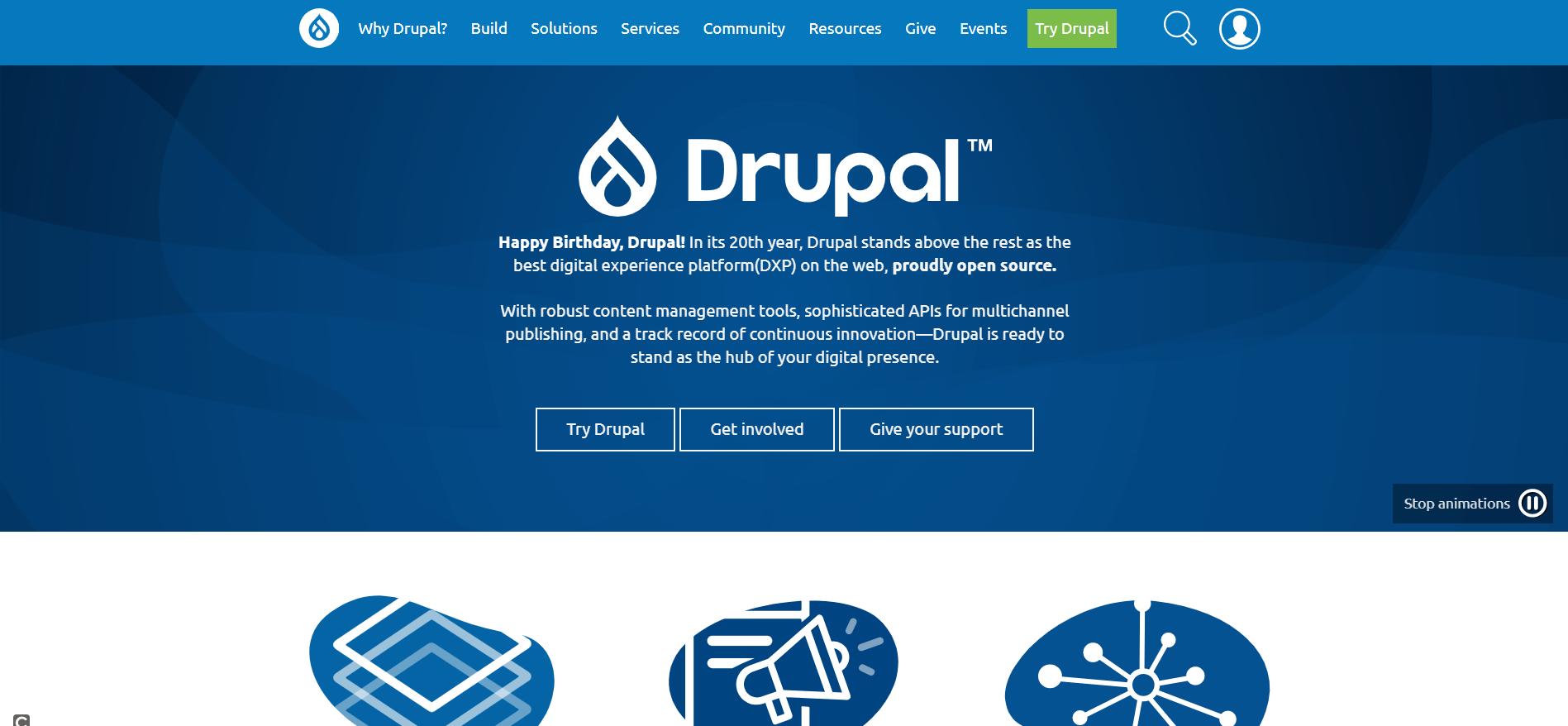 The homepage of the Drupal project Drupal 项目主页