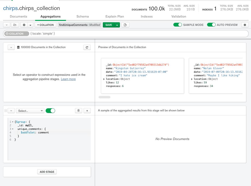 Image of MongoDB compass Aggregation Tab