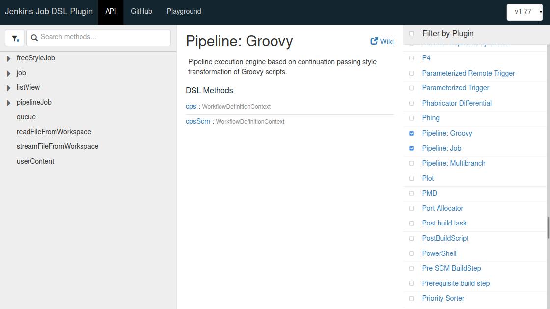 The Jenkins Job DSL API Reference page with all plugins deselected except for Pipeline: Job, and (not shown) Git and Pipeline: Groovy