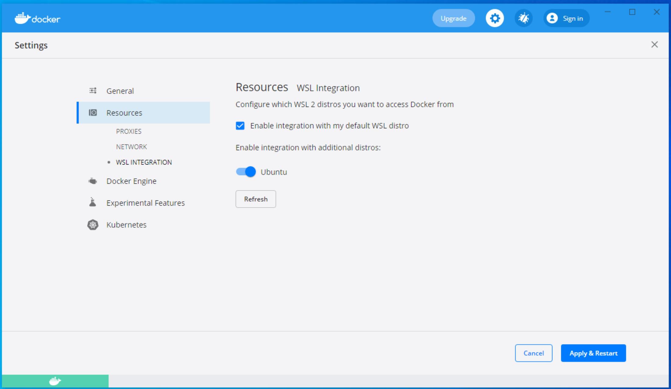 Select your WSL Ubuntu and click Apply & Restart