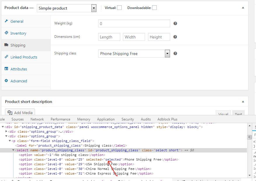 woocommerce shipping class selected