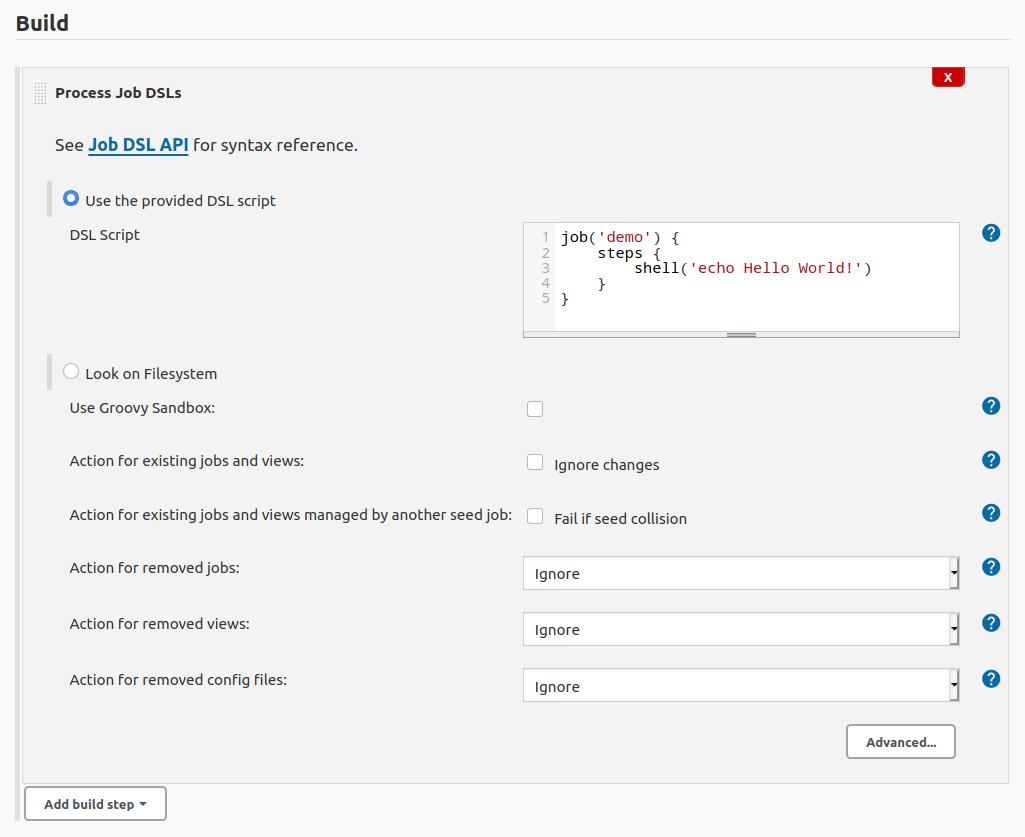 Job DSL script added to the Process Job DSLs build step