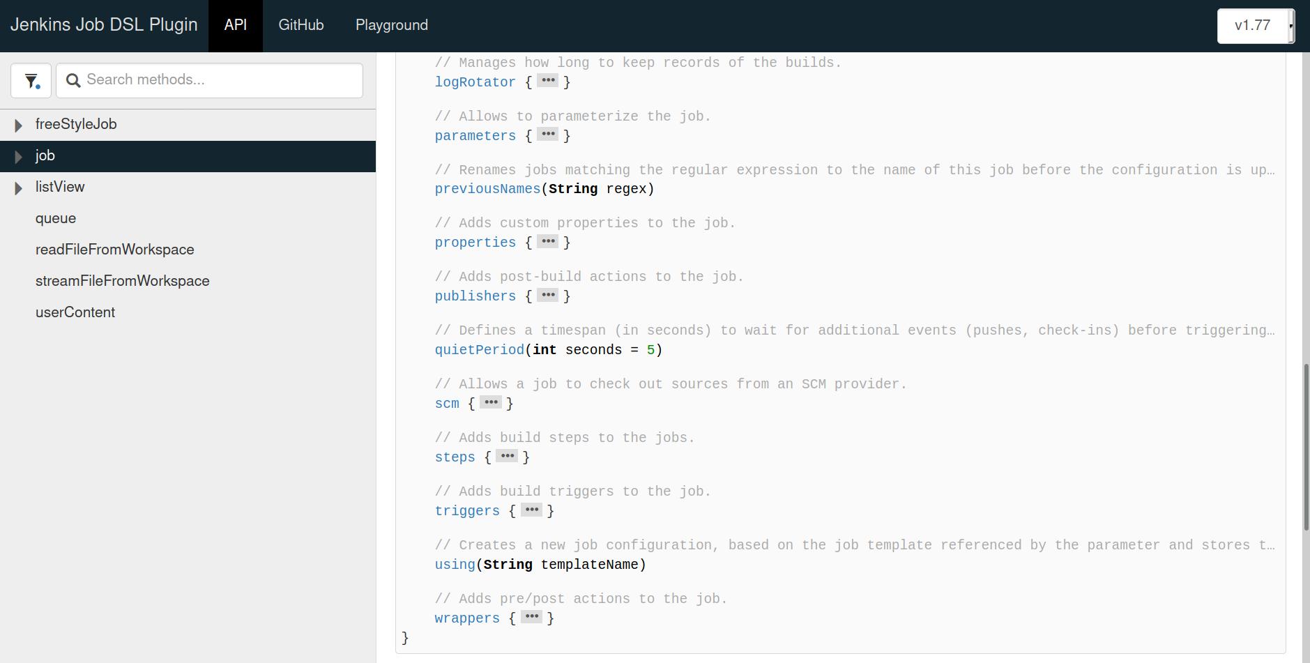 Expanded view of the job API method reference