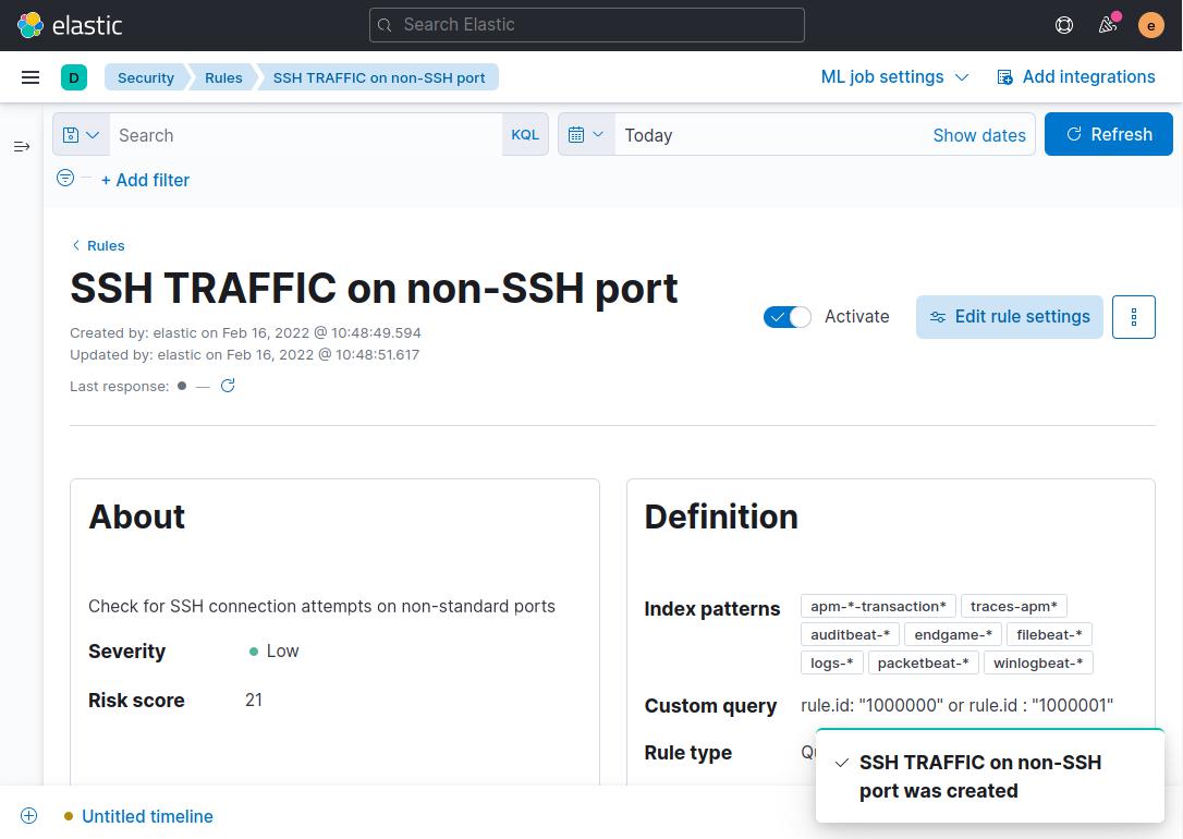 Screenshot of a Kibana page that shows a new custom rule