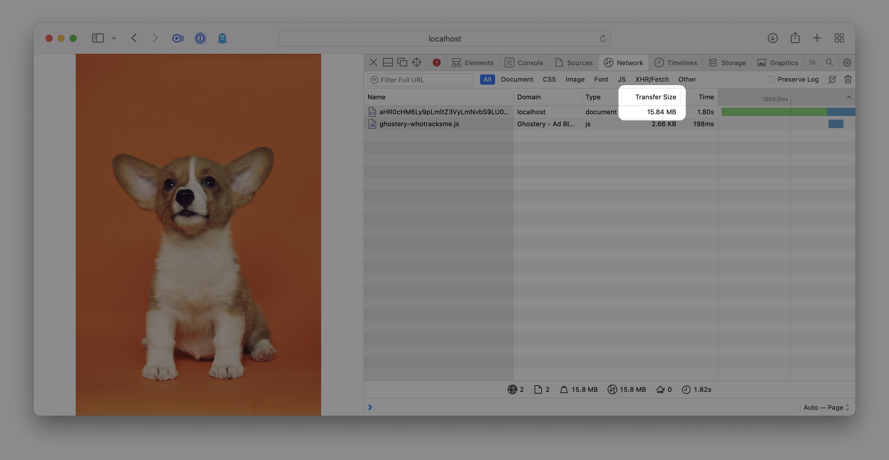Screenshot showing browser developer tools highlighting an image transfer size of 15.4MB