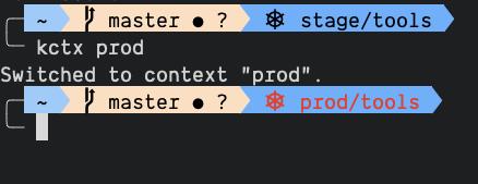 screenshot showing the different kubecontext prompt colors depending on the current kubecontext