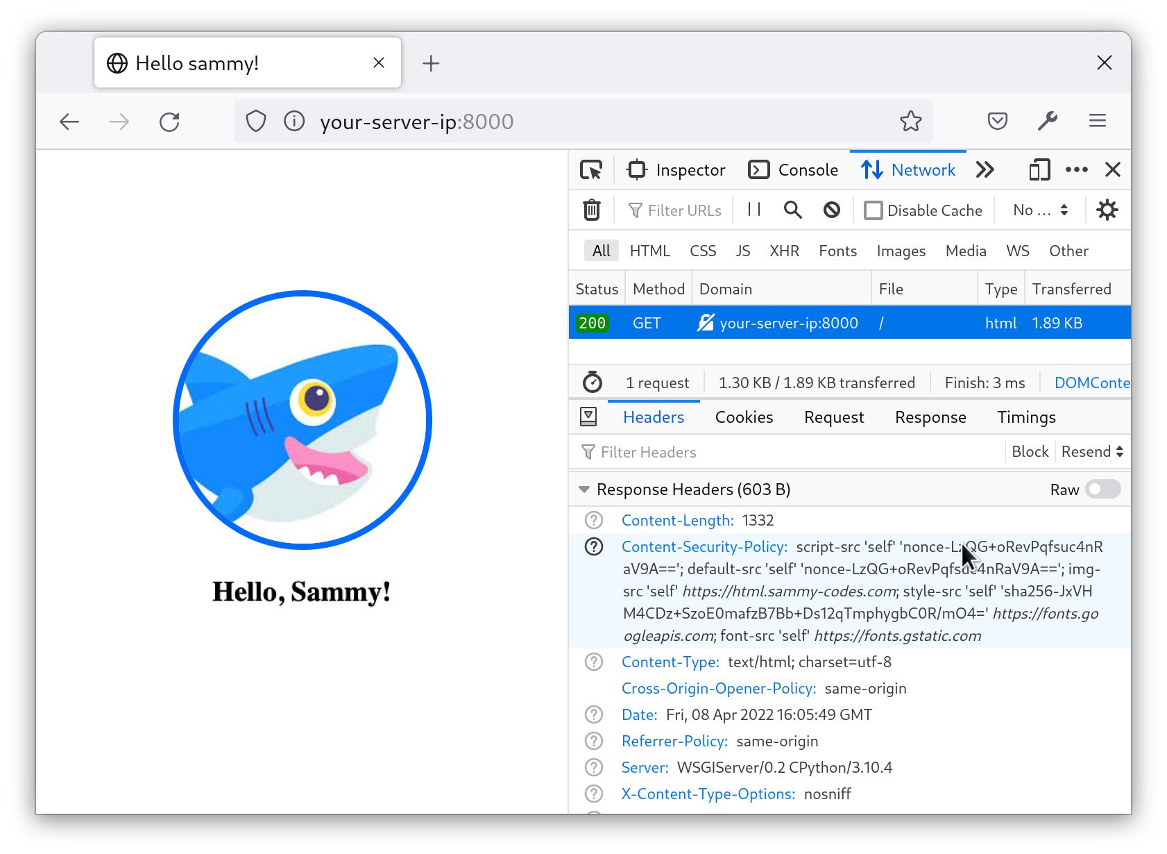 Screenshot of "Network" tab showing the nonce value. At left, the image of Sammy appears above the text, "Hello, Sammy!", which appears in default styling (bolded, black text). At right, the nonce value appears in the "Network" tab.