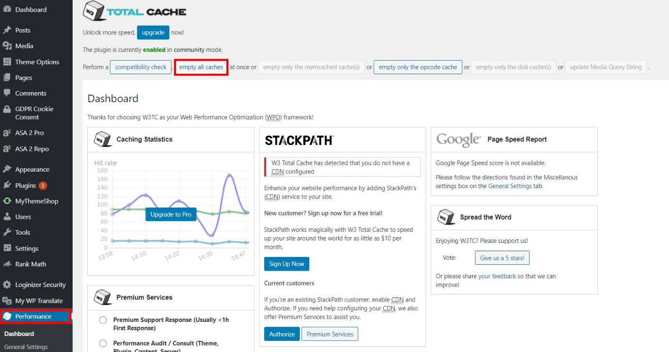 Settings page in W3 Total Cache with button for clearing the cache